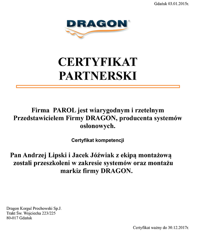 Certyfikat Dragon dla firmy Parol